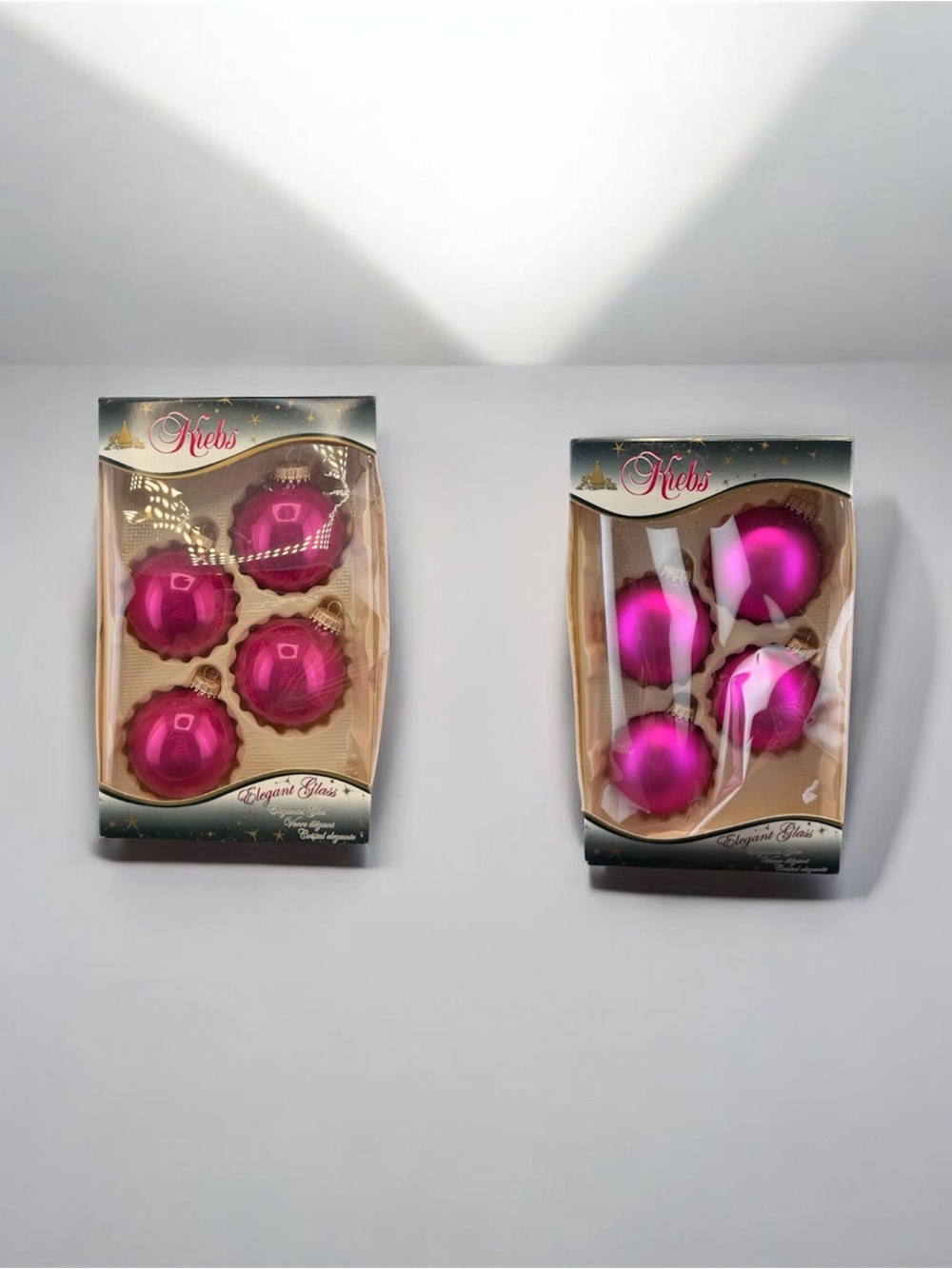 Vintage Krebs 2 Boxes Of 4 Fuchsia Pink Glass Christmas Ornaments USA Boxed